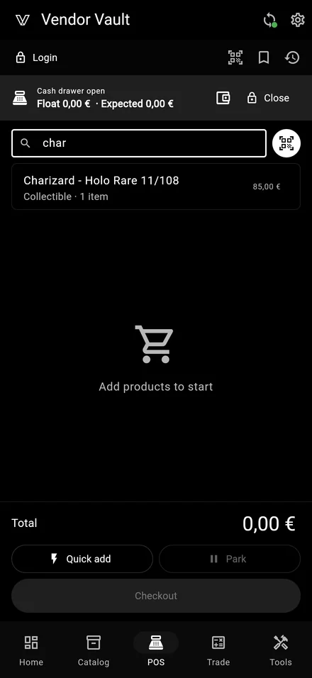 Vendor Vault POS screen running on iPhone